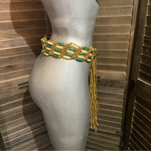 Y2K Wood Beaded Tie Belt Bohemian Boho Woven Tan/Teal One Size Fairycore Vintage